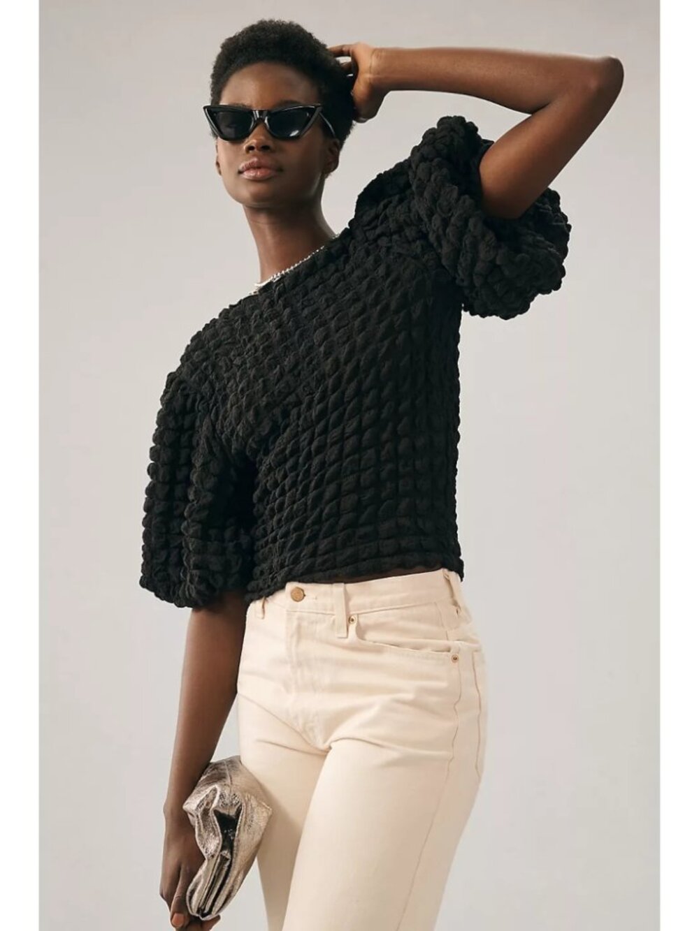 Eri + Ali Textured Puff-Sleeve Top Black Textured Bubble Smocked Fitted Size S